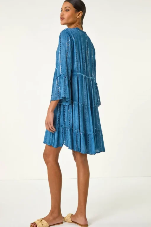 Roman Denim Shimmer Tie Detail Smock Dress