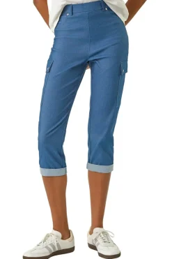 Roman Denim Turn Up Stretch Cropped Cargo Trousers