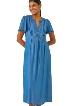 Roman Denim V-Neck Midi Dress