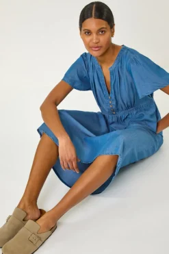 Roman Denim V-Neck Midi Dress