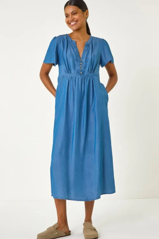 Roman Denim V-Neck Midi Dress