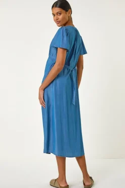Roman Denim V-Neck Midi Dress
