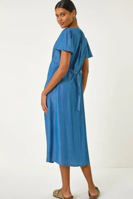 Roman Denim V-Neck Midi Dress