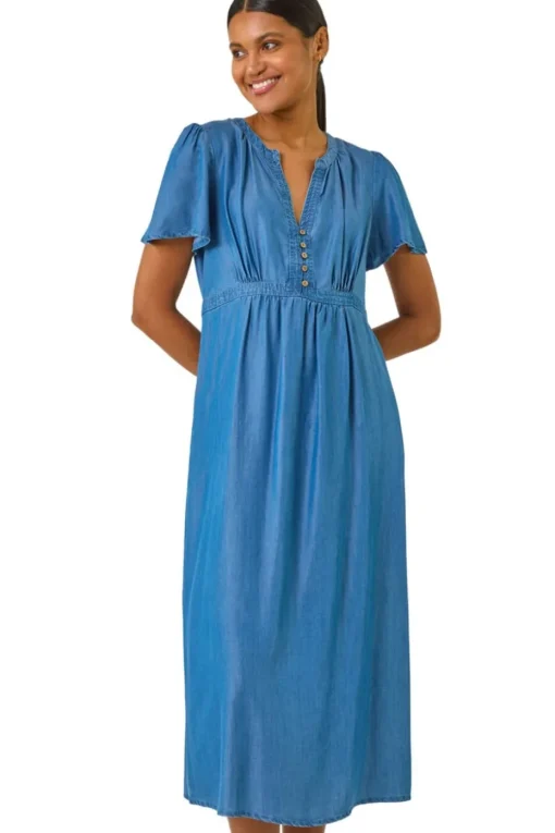Roman Denim V-Neck Midi Dress