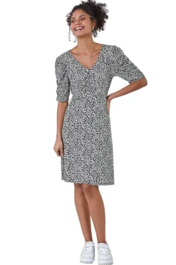 Roman Dusk Black Ditsy Floral Ruched Puff Sleeve Dress