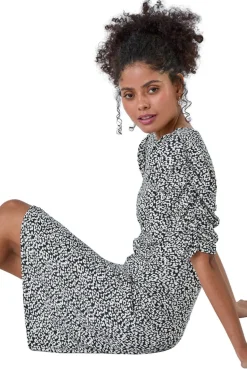 Roman Dusk Black Ditsy Floral Ruched Puff Sleeve Dress