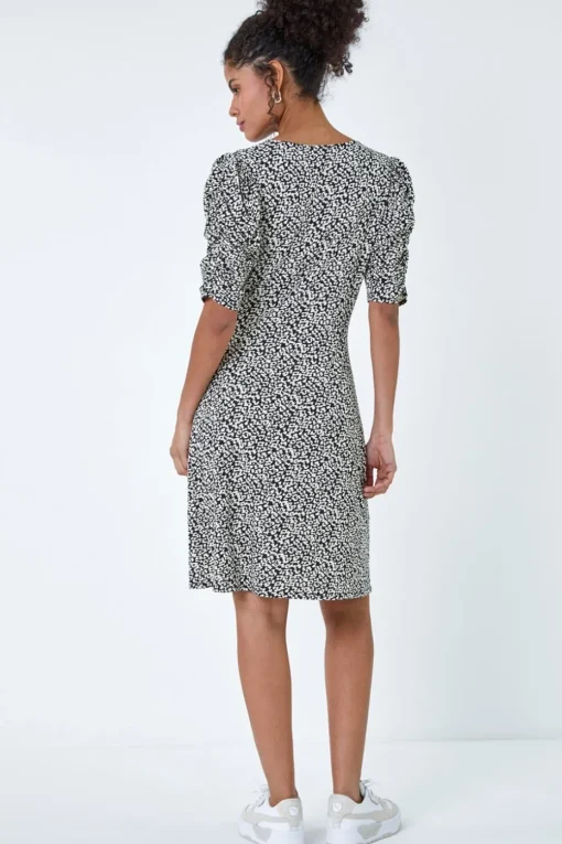 Roman Dusk Black Ditsy Floral Ruched Puff Sleeve Dress