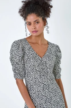 Roman Dusk Black Ditsy Floral Ruched Puff Sleeve Dress