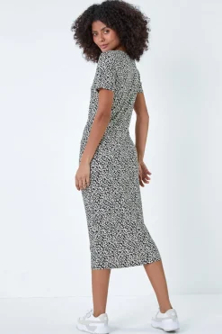 Roman Dusk Black Leopard Print Midi Stretch Dress