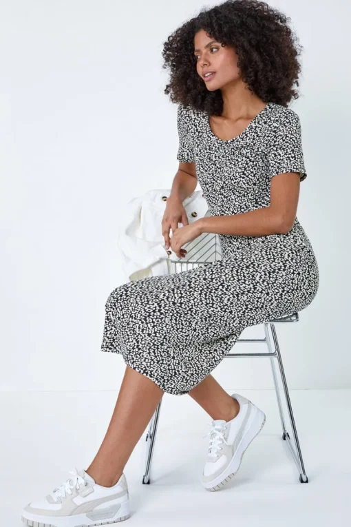 Roman Dusk Black Leopard Print Midi Stretch Dress