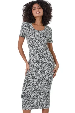 Roman Dusk Black Leopard Print Midi Stretch Dress