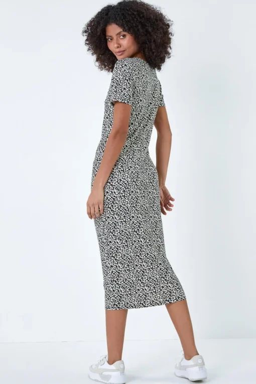 Roman Dusk Black Leopard Print Midi Stretch Dress
