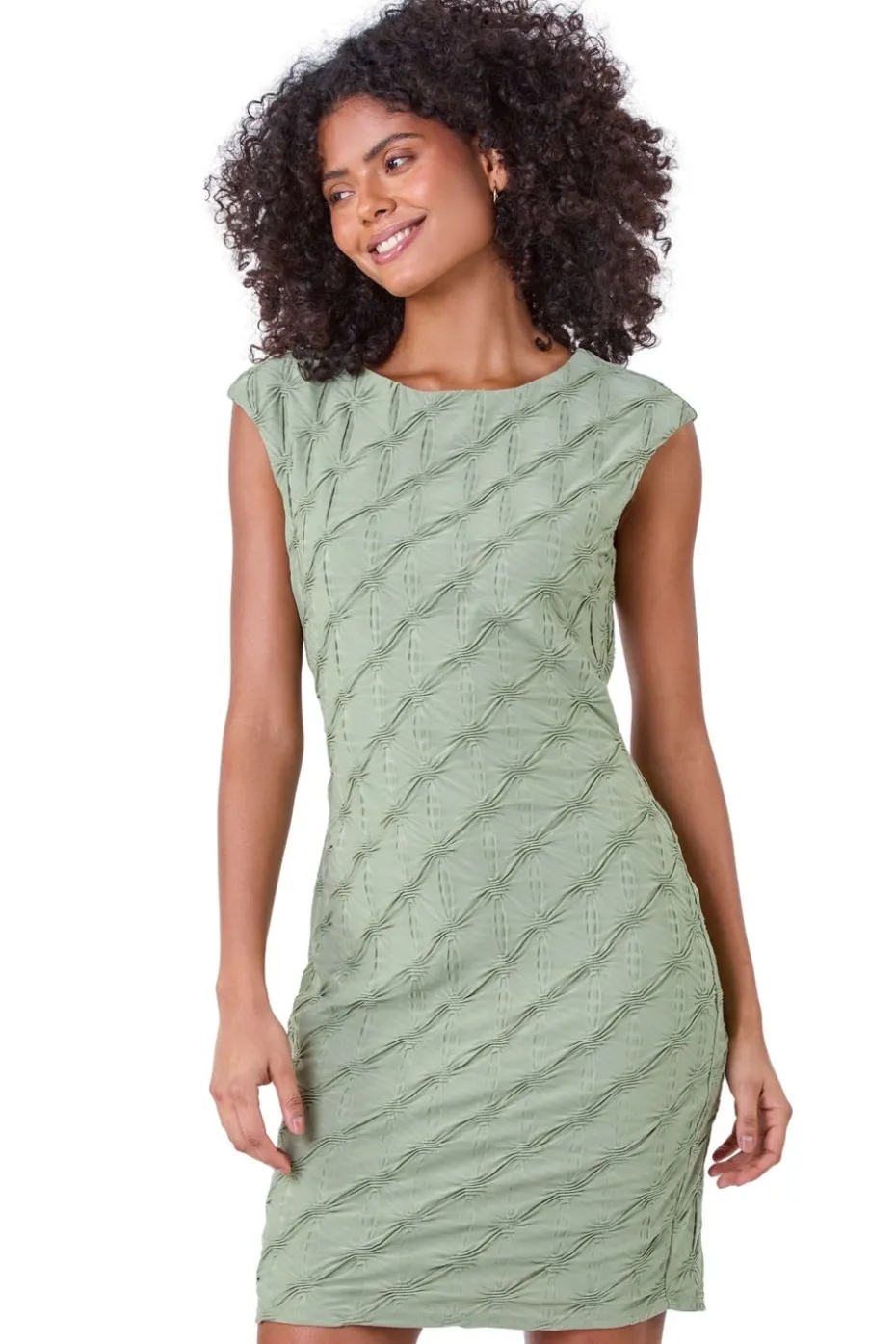 Roman Dusk Khaki Textured Stretch Cap Sleeve Dress