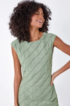 Roman Dusk Khaki Textured Stretch Cap Sleeve Dress
