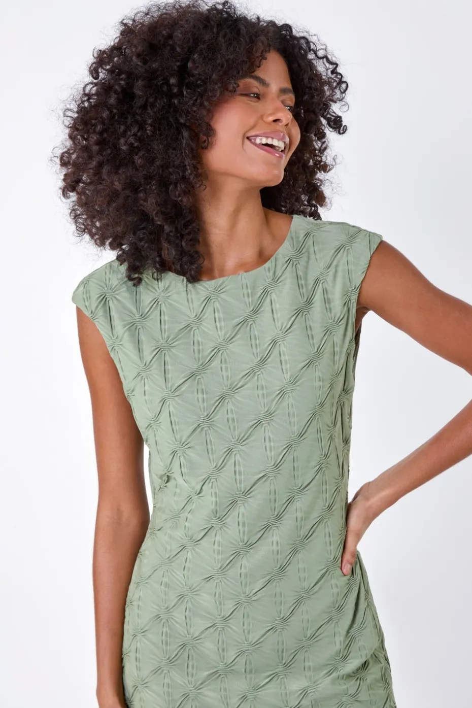 Roman Dusk Khaki Textured Stretch Cap Sleeve Dress