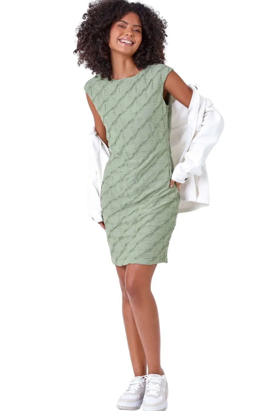 Roman Dusk Khaki Textured Stretch Cap Sleeve Dress