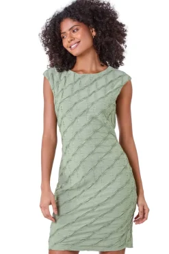 Roman Dusk Khaki Textured Stretch Cap Sleeve Dress