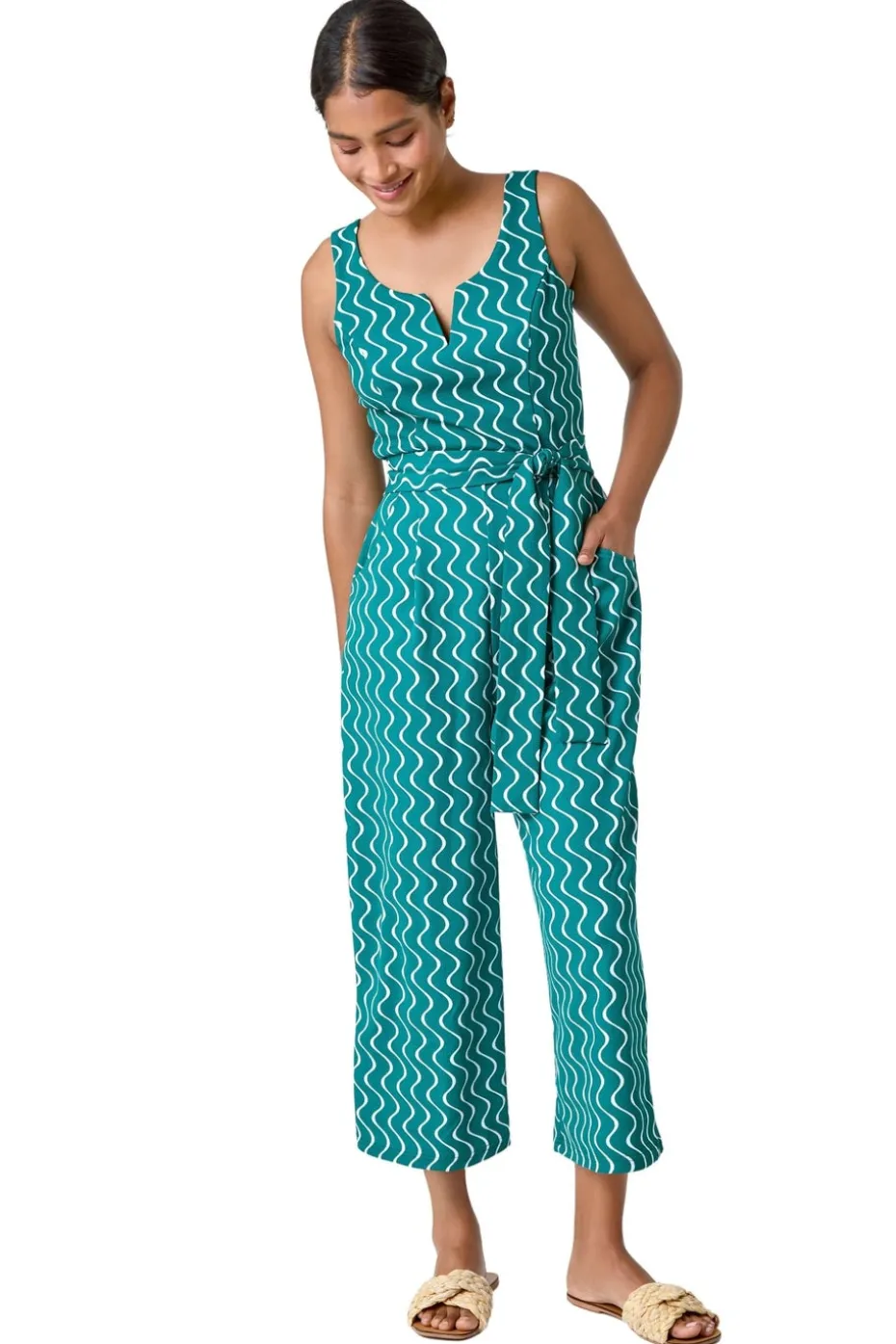 Roman Forest Wave Print Cropped Jumpsuit