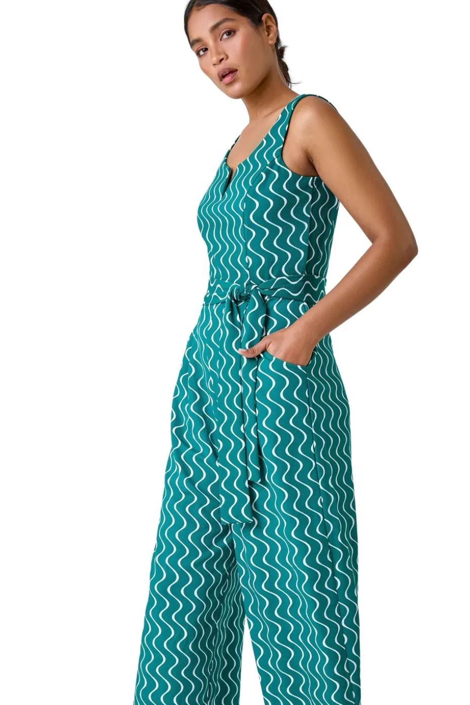 Roman Forest Wave Print Cropped Jumpsuit