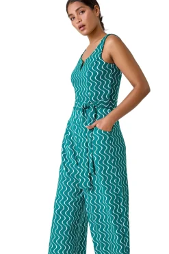 Roman Forest Wave Print Cropped Jumpsuit