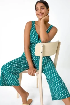 Roman Forest Wave Print Cropped Jumpsuit