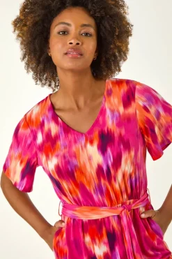 Roman Fuchsia Abstract Print Belted Playsuit