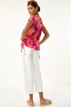Roman Fuchsia Abstract Print Side Tie Detail Top