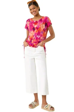 Roman Fuchsia Abstract Print Side Tie Detail Top