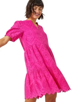Roman Fuchsia Embroidered Tiered Cotton Smock Dress