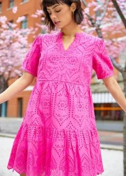 Roman Fuchsia Embroidered Tiered Cotton Smock Dress
