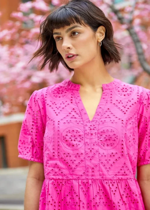 Roman Fuchsia Embroidered Tiered Cotton Smock Dress