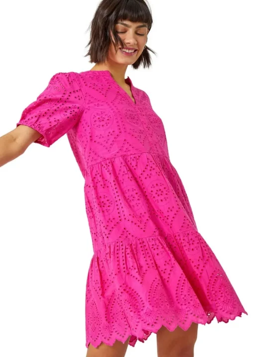 Roman Fuchsia Embroidered Tiered Cotton Smock Dress