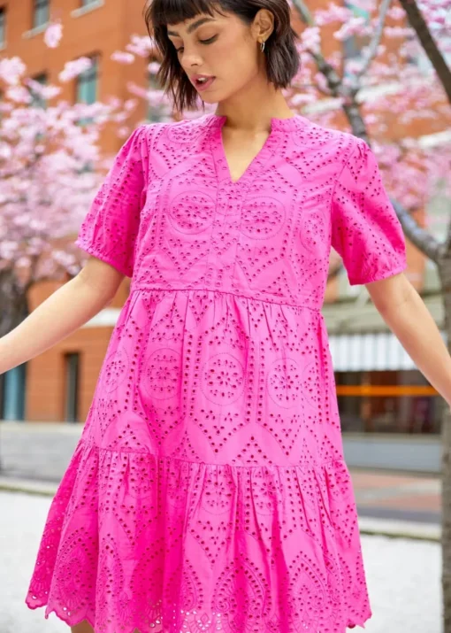 Roman Fuchsia Embroidered Tiered Cotton Smock Dress