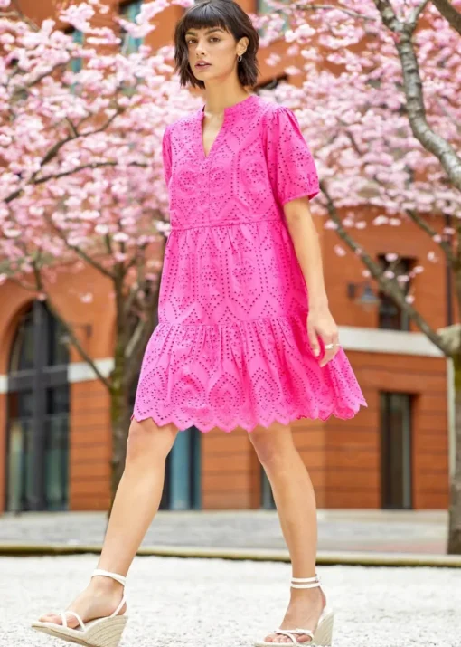 Roman Fuchsia Embroidered Tiered Cotton Smock Dress