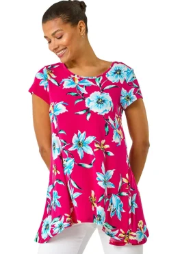 Roman Fuchsia Floral Print Hanky Hem Stretch Tunic Top