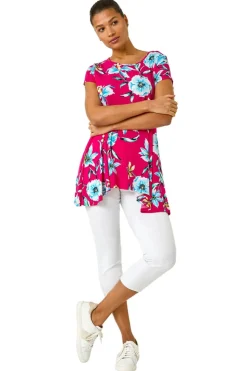 Roman Fuchsia Floral Print Hanky Hem Stretch Tunic Top