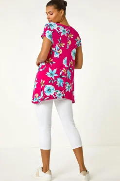Roman Fuchsia Floral Print Hanky Hem Stretch Tunic Top