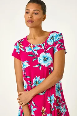 Roman Fuchsia Floral Print Hanky Hem Stretch Tunic Top