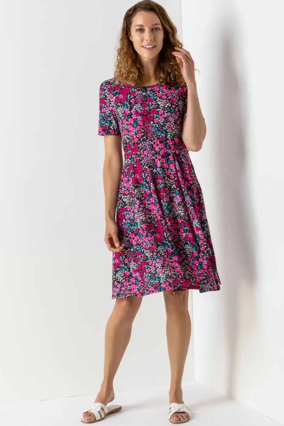 Roman Fuchsia Floral Print Belted Skater Dress