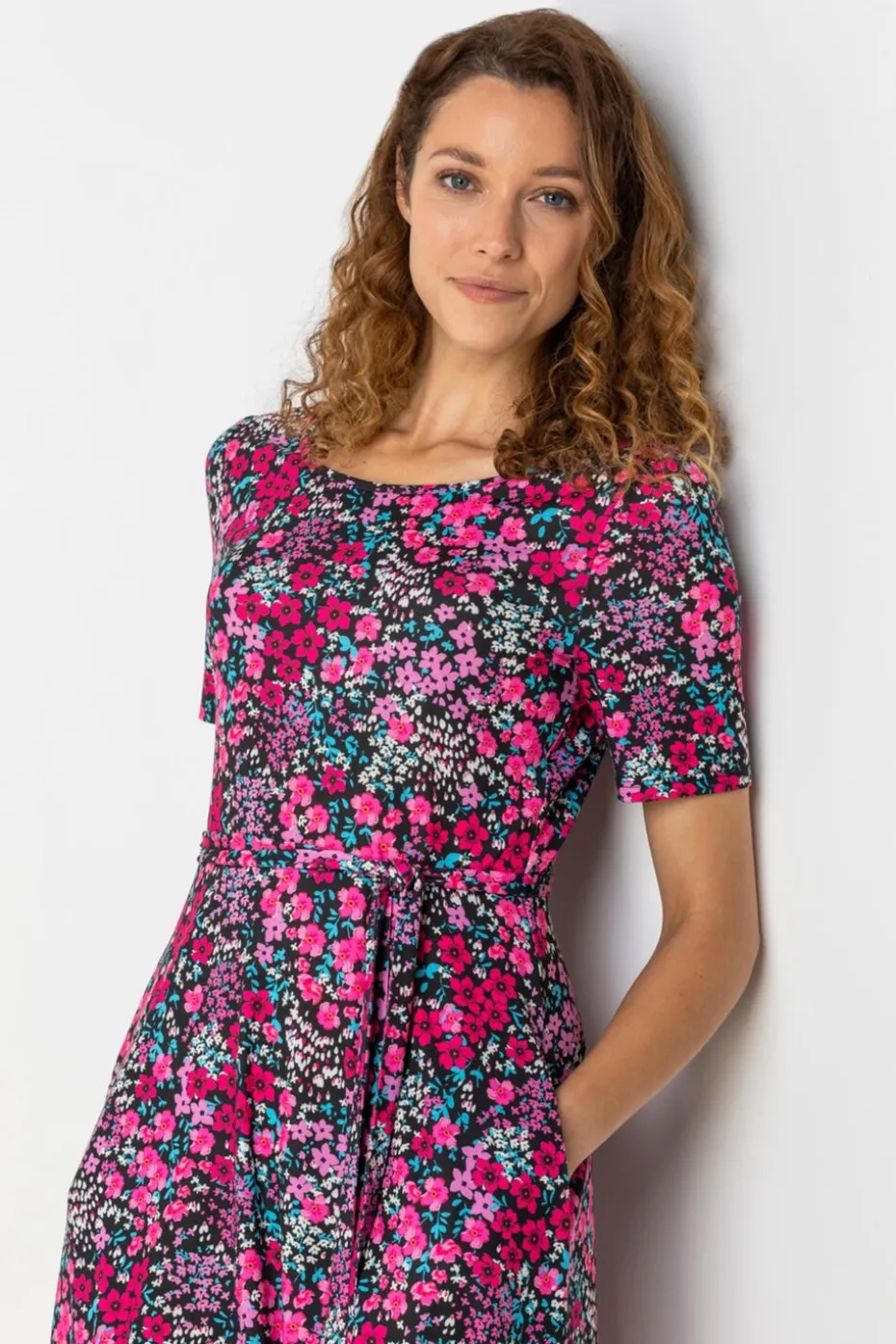 Roman Fuchsia Floral Print Belted Skater Dress