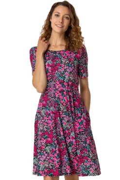 Roman Fuchsia Floral Print Belted Skater Dress