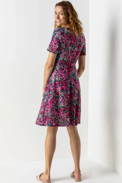 Roman Fuchsia Floral Print Belted Skater Dress