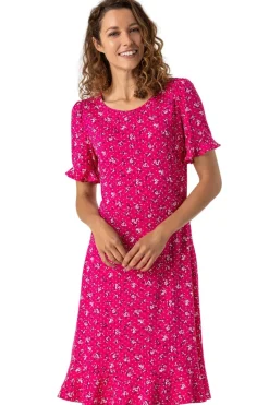 Roman Fuchsia Floral Print Fluted Hem Shift Dress