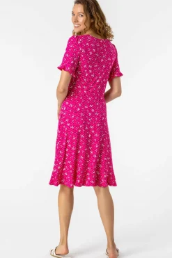Roman Fuchsia Floral Print Fluted Hem Shift Dress