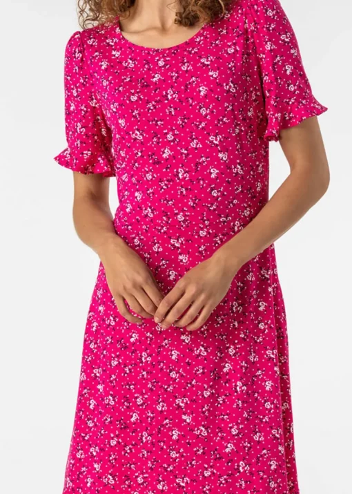 Roman Fuchsia Floral Print Fluted Hem Shift Dress