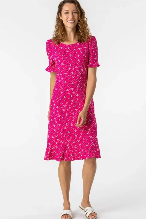 Roman Fuchsia Floral Print Fluted Hem Shift Dress
