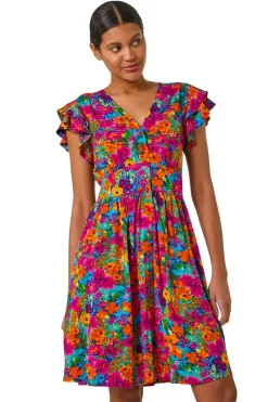Roman Fuchsia Floral Print Button Frill Dress