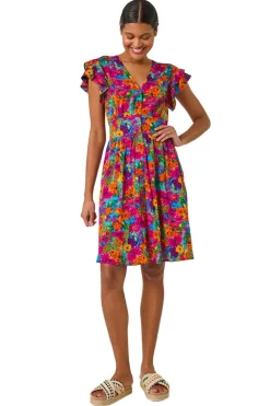 Roman Fuchsia Floral Print Button Frill Dress