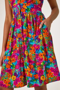 Roman Fuchsia Floral Print Button Frill Dress