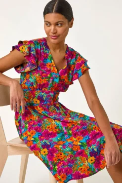 Roman Fuchsia Floral Print Button Frill Dress
